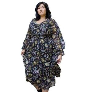 Torrid Dress Maxi Chiffon V Neck Tiered Long Sleeve Size 4 4X 26